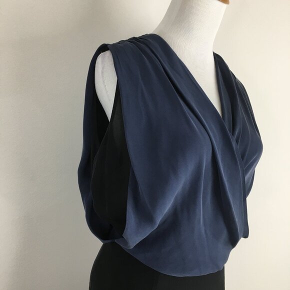 RAOUL Black Blue 100% Silk Pleated V Neck Ruching Shoulder Slit Hem Dress - Picture 11 of 13